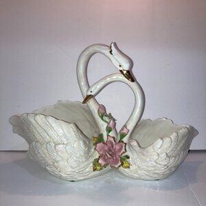 Rare Vintage 1950s Capodimonte Entwined iridescent swans centerpiece